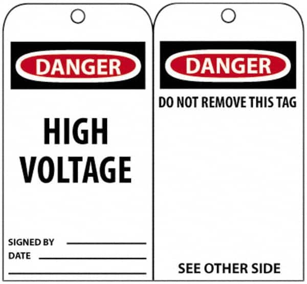 NMC - 3" High x 6" Long, DANGER - HIGH VOLTAGE, English Safety & Facility Accident Prevention Tag - Tag Header: Danger, 2 Sides, Black, Red & White Unrippable Vinyl - Americas Industrial Supply