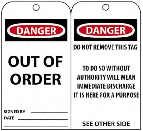 NMC - 3" High x 6" Long, DANGER - OUT OF ORDER, English Safety & Facility Accident Prevention Tag - Tag Header: Danger, 2 Sides, Black, Red & White Unrippable Vinyl - Americas Industrial Supply