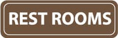 NMC - Rest Rooms, 11" Wide x 3.5" High, Acrylic Sign - English, White on Brown, Wall Mount - Americas Industrial Supply