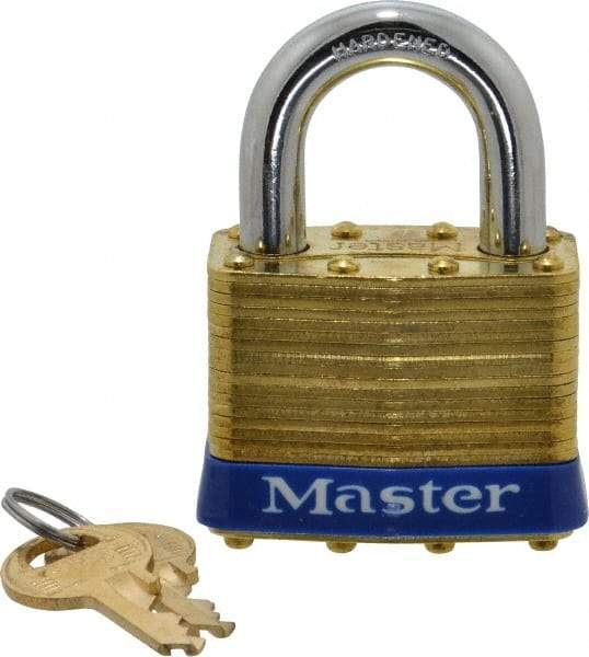 Master Lock - 1" Shackle Clearance, Keyed Alike Laminated Brass Padlock - 3/8" Shackle Diam, Brass - Americas Industrial Supply