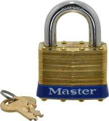 Master Lock - 1" Shackle Clearance, Keyed Alike Laminated Brass Padlock - 3/8" Shackle Diam, Brass - Americas Industrial Supply