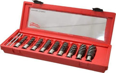 Milwaukee Tool - 9 Piece, 1/2 to 15/16" Cutter Diam, 2" Cutting Depth, Steel Annular Cutter Set - Bright Finish, 3/4" Shank Diam, 1/2", 9/16", 5/8", 11/16", 3/4", 13/16", 7/8", 15/16", 1-1/16" Cutter Diams, 2 Flats on Shank - Americas Industrial Supply