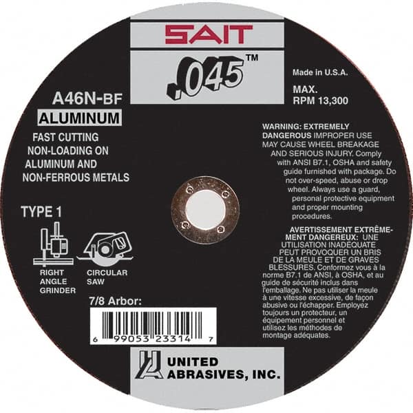 Sait - 4-1/2" 46 Grit Aluminum Oxide Cutoff Wheel - 0.045" Thick, 7/8" Arbor, 13,300 Max RPM, Use with Angle Grinders - Americas Industrial Supply
