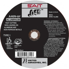 Sait - 4-1/2" 46 Grit Aluminum Oxide Cutoff Wheel - 0.045" Thick, 7/8" Arbor, 13,300 Max RPM, Use with Angle Grinders - Americas Industrial Supply