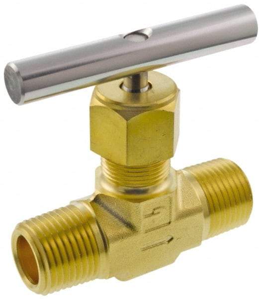 Parker - 3,000 Max psi, 1/2" Pipe, Brass, Inline Instrumentation Needle Valve - MNPT x MNPT End Connections - Americas Industrial Supply