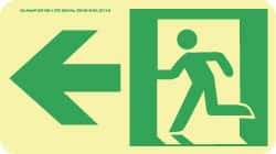 NMC - Left Arrow, Left Side Stick Figure in Doorway (Graphic), Polyester Exit Sign - 8" Wide x 4-1/2" High, Glow-in-the-Dark - Americas Industrial Supply