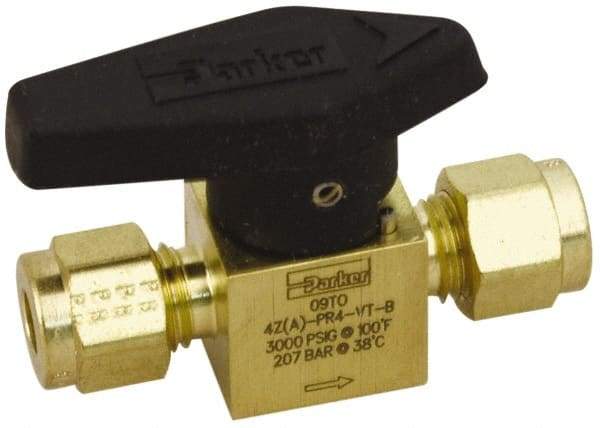 Parker - 1/4" Pipe, 3,000 psi WOG Rating, Brass, Inline, One Way Instrumentation Plug Valve - Wedge Handle, Compression x Compression CPI End Connections, Viton Seal - Americas Industrial Supply