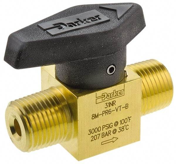 Parker - 1/8" Pipe, 3,000 psi WOG Rating, Brass, Inline, One Way Instrumentation Plug Valve - Wedge Handle, MNPT x MNPT End Connections, Viton Seal - Americas Industrial Supply