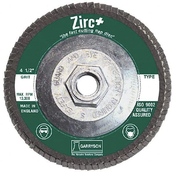 Garryson - 80 Grit, 7" Disc Diam, 5/8-11 Center Hole, Type 29 Zirconia Alumina Flap Disc - 8,600 Max RPM, Fiberglass Backing, Arbor Attaching System, Coated - Americas Industrial Supply