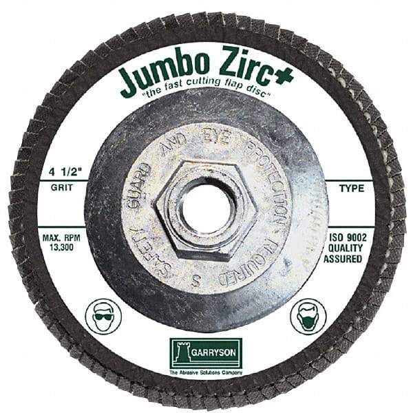 Garryson - 60 Grit, 7" Disc Diam, 5/8-11 Center Hole, Type 29 Zirconia Alumina Flap Disc - 8,600 Max RPM, Fiberglass Backing, Arbor Attaching System, Coated - Americas Industrial Supply