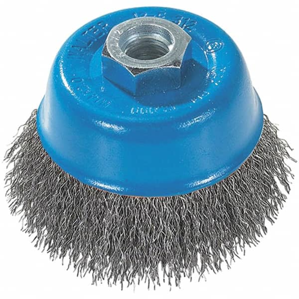 WALTER Surface Technologies - 3" Diam, 5/8-11 Threaded Arbor, Stainless Steel Fill Cup Brush - 0.0118 Wire Diam, 12,000 Max RPM - Americas Industrial Supply