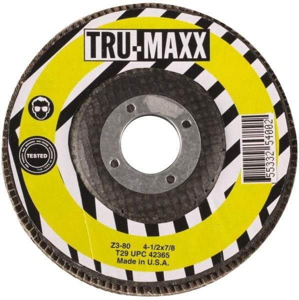 Tru-Maxx - 36 Grit, 4-1/2" Disc Diam, 7/8" Center Hole, Type 29 Flap Disc - 13,300 Max RPM, Arbor Attaching System, Coated - Americas Industrial Supply