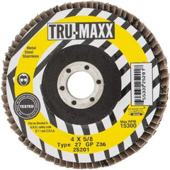 Tru-Maxx - 36 Grit, 4" Disc Diam, 5/8" Center Hole, Type 27 Zirconia Alumina Flap Disc - 15,300 Max RPM, Arbor Attaching System, Coated - Americas Industrial Supply