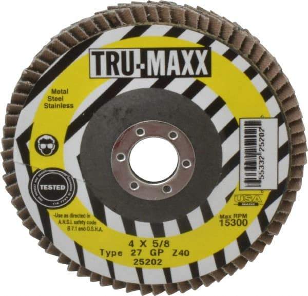 Tru-Maxx - 40 Grit, 4" Disc Diam, 5/8" Center Hole, Type 27 Zirconia Alumina Flap Disc - 15,300 Max RPM, Arbor Attaching System, Coated - Americas Industrial Supply