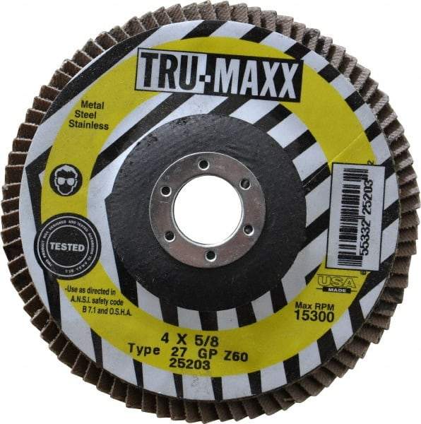 Tru-Maxx - 60 Grit, 4" Disc Diam, 5/8" Center Hole, Type 27 Zirconia Alumina Flap Disc - 15,300 Max RPM, Arbor Attaching System, Coated - Americas Industrial Supply