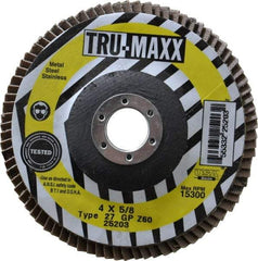 Tru-Maxx - 60 Grit, 4" Disc Diam, 5/8" Center Hole, Type 27 Zirconia Alumina Flap Disc - 15,300 Max RPM, Arbor Attaching System, Coated - Americas Industrial Supply
