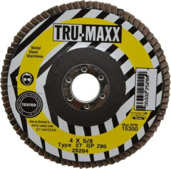 Tru-Maxx - 80 Grit, 4" Disc Diam, 5/8" Center Hole, Type 27 Zirconia Alumina Flap Disc - 15,300 Max RPM, Arbor Attaching System, Coated - Americas Industrial Supply