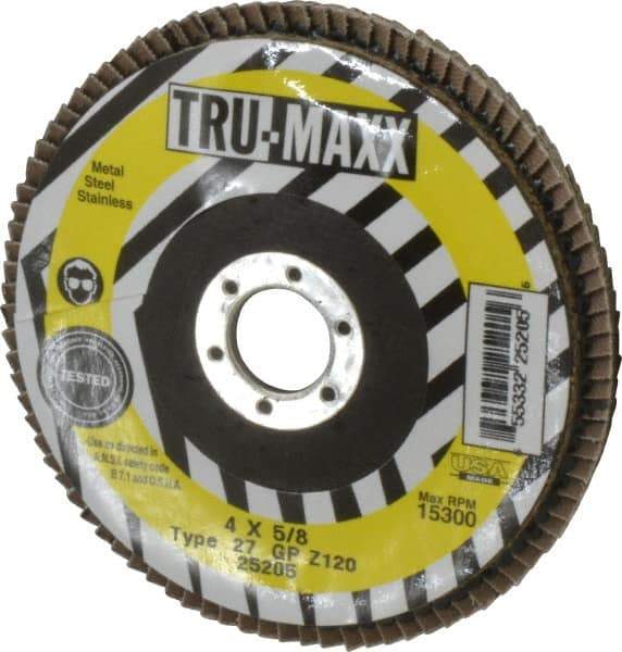 Tru-Maxx - 120 Grit, 4" Disc Diam, 5/8" Center Hole, Type 27 Zirconia Alumina Flap Disc - 15,300 Max RPM, Arbor Attaching System, Coated - Americas Industrial Supply