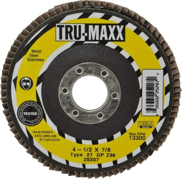 Tru-Maxx - 36 Grit, 4-1/2" Disc Diam, 7/8" Center Hole, Type 27 Zirconia Alumina Flap Disc - 13,300 Max RPM, Arbor Attaching System, Coated - Americas Industrial Supply