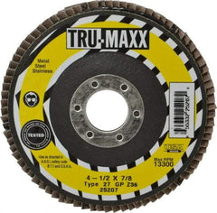 Tru-Maxx - 36 Grit, 4-1/2" Disc Diam, 7/8" Center Hole, Type 27 Zirconia Alumina Flap Disc - 13,300 Max RPM, Arbor Attaching System, Coated - Americas Industrial Supply