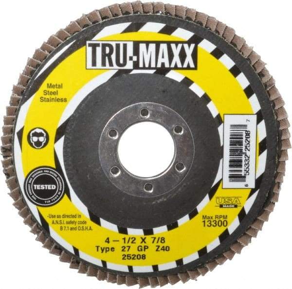 Tru-Maxx - 40 Grit, 4-1/2" Disc Diam, 7/8" Center Hole, Type 27 Zirconia Alumina Flap Disc - 13,300 Max RPM, Arbor Attaching System, Coated - Americas Industrial Supply