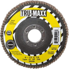 Tru-Maxx - 40 Grit, 4-1/2" Disc Diam, 7/8" Center Hole, Type 27 Zirconia Alumina Flap Disc - 13,300 Max RPM, Arbor Attaching System, Coated - Americas Industrial Supply