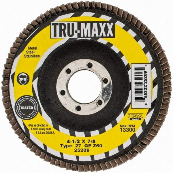 Tru-Maxx - 60 Grit, 4-1/2" Disc Diam, 7/8" Center Hole, Type 27 Zirconia Alumina Flap Disc - 13,300 Max RPM, Arbor Attaching System, Coated - Americas Industrial Supply