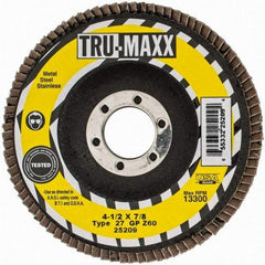 Tru-Maxx - 60 Grit, 4-1/2" Disc Diam, 7/8" Center Hole, Type 27 Zirconia Alumina Flap Disc - 13,300 Max RPM, Arbor Attaching System, Coated - Americas Industrial Supply