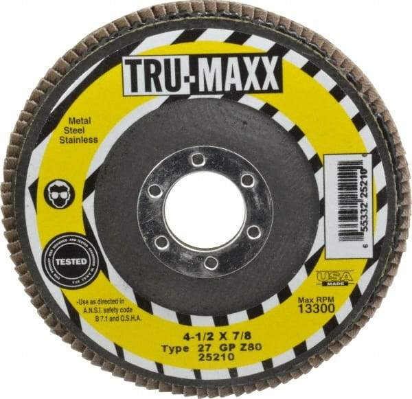 Tru-Maxx - 80 Grit, 4-1/2" Disc Diam, 7/8" Center Hole, Type 27 Zirconia Alumina Flap Disc - 13,300 Max RPM, Arbor Attaching System, Coated - Americas Industrial Supply