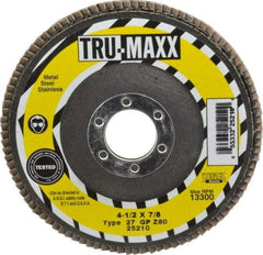 Tru-Maxx - 80 Grit, 4-1/2" Disc Diam, 7/8" Center Hole, Type 27 Zirconia Alumina Flap Disc - 13,300 Max RPM, Arbor Attaching System, Coated - Americas Industrial Supply