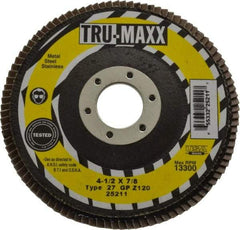 Tru-Maxx - 120 Grit, 4-1/2" Disc Diam, 7/8" Center Hole, Type 27 Zirconia Alumina Flap Disc - 13,300 Max RPM, Arbor Attaching System, Coated - Americas Industrial Supply