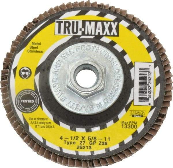 Tru-Maxx - 36 Grit, 4-1/2" Disc Diam, 5/8-11 Center Hole, Type 27 Zirconia Alumina Flap Disc - 13,300 Max RPM, Arbor Attaching System, Coated - Americas Industrial Supply