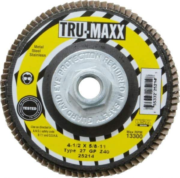 Tru-Maxx - 40 Grit, 4-1/2" Disc Diam, 5/8-11 Center Hole, Type 27 Zirconia Alumina Flap Disc - 13,300 Max RPM, Arbor Attaching System, Coated - Americas Industrial Supply