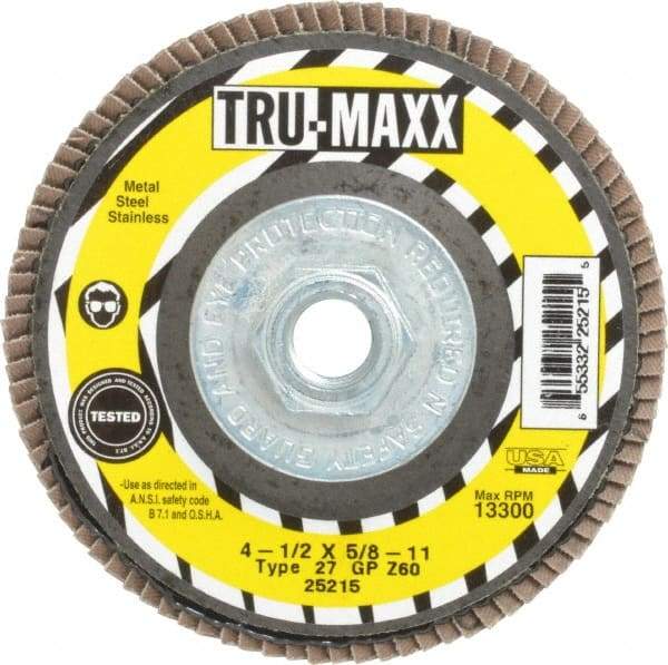 Tru-Maxx - 60 Grit, 4-1/2" Disc Diam, 5/8-11 Center Hole, Type 27 Zirconia Alumina Flap Disc - 13,300 Max RPM, Arbor Attaching System, Coated - Americas Industrial Supply