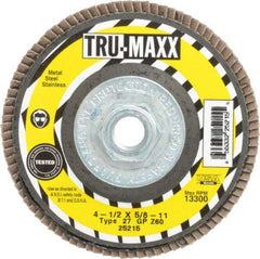 Tru-Maxx - 60 Grit, 4-1/2" Disc Diam, 5/8-11 Center Hole, Type 27 Zirconia Alumina Flap Disc - 13,300 Max RPM, Arbor Attaching System, Coated - Americas Industrial Supply
