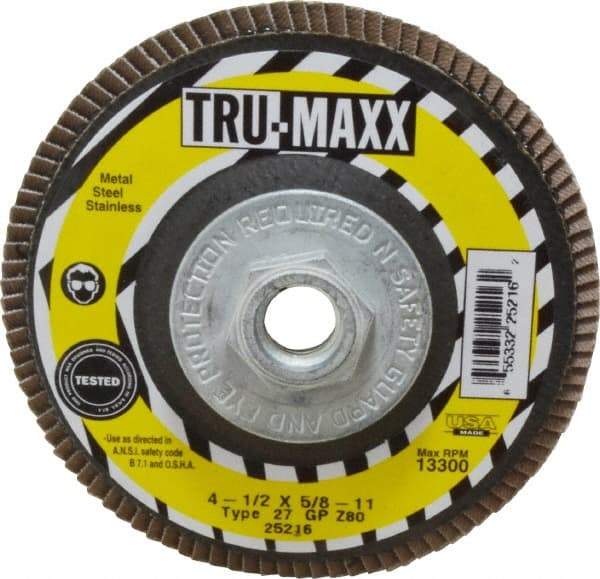 Tru-Maxx - 80 Grit, 4-1/2" Disc Diam, 5/8-11 Center Hole, Type 27 Zirconia Alumina Flap Disc - 13,300 Max RPM, Arbor Attaching System, Coated - Americas Industrial Supply