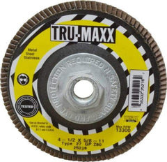 Tru-Maxx - 80 Grit, 4-1/2" Disc Diam, 5/8-11 Center Hole, Type 27 Zirconia Alumina Flap Disc - 13,300 Max RPM, Arbor Attaching System, Coated - Americas Industrial Supply