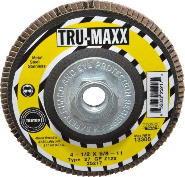 Tru-Maxx - 120 Grit, 4-1/2" Disc Diam, 5/8-11 Center Hole, Type 27 Zirconia Alumina Flap Disc - 13,300 Max RPM, Arbor Attaching System, Coated - Americas Industrial Supply
