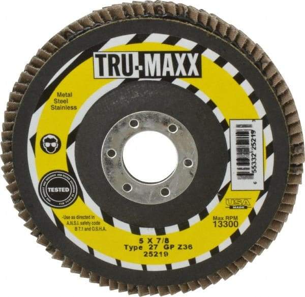 Tru-Maxx - 36 Grit, 5" Disc Diam, 7/8" Center Hole, Type 27 Zirconia Alumina Flap Disc - 12,200 Max RPM, Arbor Attaching System, Coated - Americas Industrial Supply
