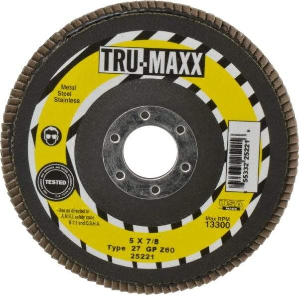 Tru-Maxx - 60 Grit, 5" Disc Diam, 7/8" Center Hole, Type 27 Zirconia Alumina Flap Disc - 12,200 Max RPM, Arbor Attaching System, Coated - Americas Industrial Supply