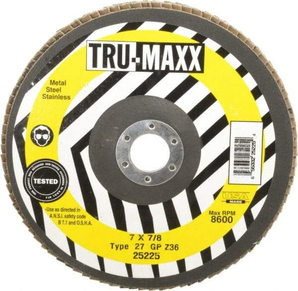 Tru-Maxx - 36 Grit, 7" Disc Diam, 7/8" Center Hole, Type 27 Zirconia Alumina Flap Disc - 8,600 Max RPM, Arbor Attaching System, Coated - Americas Industrial Supply