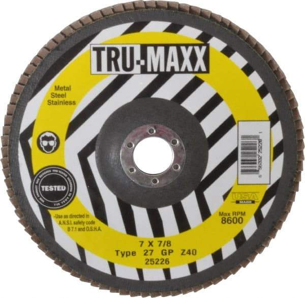 Tru-Maxx - 40 Grit, 7" Disc Diam, 7/8" Center Hole, Type 27 Zirconia Alumina Flap Disc - 8,600 Max RPM, Arbor Attaching System, Coated - Americas Industrial Supply
