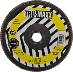 Tru-Maxx - 80 Grit, 7" Disc Diam, 7/8" Center Hole, Type 27 Zirconia Alumina Flap Disc - 8,600 Max RPM, Arbor Attaching System, Coated - Americas Industrial Supply