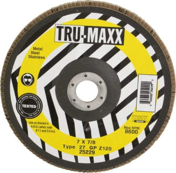 Tru-Maxx - 120 Grit, 7" Disc Diam, 7/8" Center Hole, Type 27 Zirconia Alumina Flap Disc - 8,600 Max RPM, Arbor Attaching System, Coated - Americas Industrial Supply