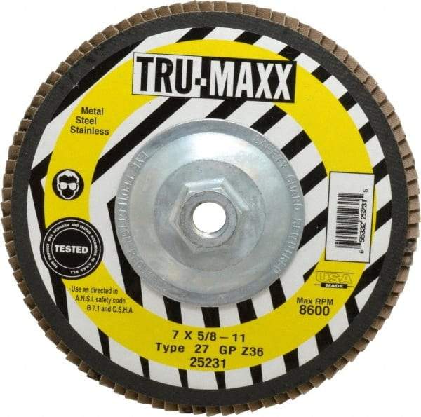 Tru-Maxx - 36 Grit, 7" Disc Diam, 5/8-11 Center Hole, Type 27 Zirconia Alumina Flap Disc - 8,600 Max RPM, Arbor Attaching System, Coated - Americas Industrial Supply