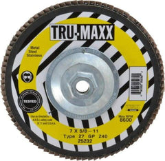 Tru-Maxx - 40 Grit, 7" Disc Diam, 5/8-11 Center Hole, Type 27 Zirconia Alumina Flap Disc - 8,600 Max RPM, Arbor Attaching System, Coated - Americas Industrial Supply