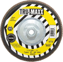 Tru-Maxx - 60 Grit, 7" Disc Diam, 5/8-11 Center Hole, Type 27 Zirconia Alumina Flap Disc - 8,600 Max RPM, Arbor Attaching System, Coated - Americas Industrial Supply