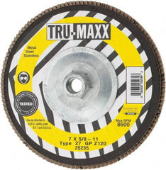 Tru-Maxx - 120 Grit, 7" Disc Diam, 5/8-11 Center Hole, Type 27 Zirconia Alumina Flap Disc - 8,600 Max RPM, Arbor Attaching System, Coated - Americas Industrial Supply