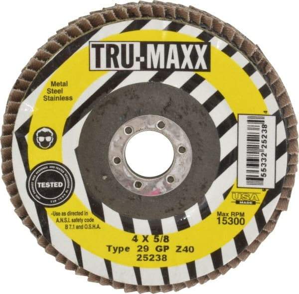 Tru-Maxx - 40 Grit, 4" Disc Diam, 5/8" Center Hole, Type 29 Zirconia Alumina Flap Disc - 15,300 Max RPM, Arbor Attaching System, Coated - Americas Industrial Supply