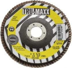 Tru-Maxx - 80 Grit, 4" Disc Diam, 5/8" Center Hole, Type 29 Zirconia Alumina Flap Disc - 15,300 Max RPM, Arbor Attaching System, Coated - Americas Industrial Supply